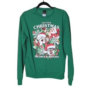 Fifth Sun Green "Meowy‎ & Bright" Singing Cat Sweatshirt Sz L Ugly Christmas